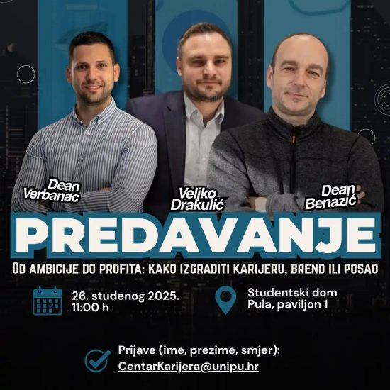 Sudionici predavanja “Od ambicije do profita” u Studentskom domu Pula, gdje su studenti i ICT stručnjaci zajedno raspravljali o karijeri, brendingu i profesionalnom razvoju.
